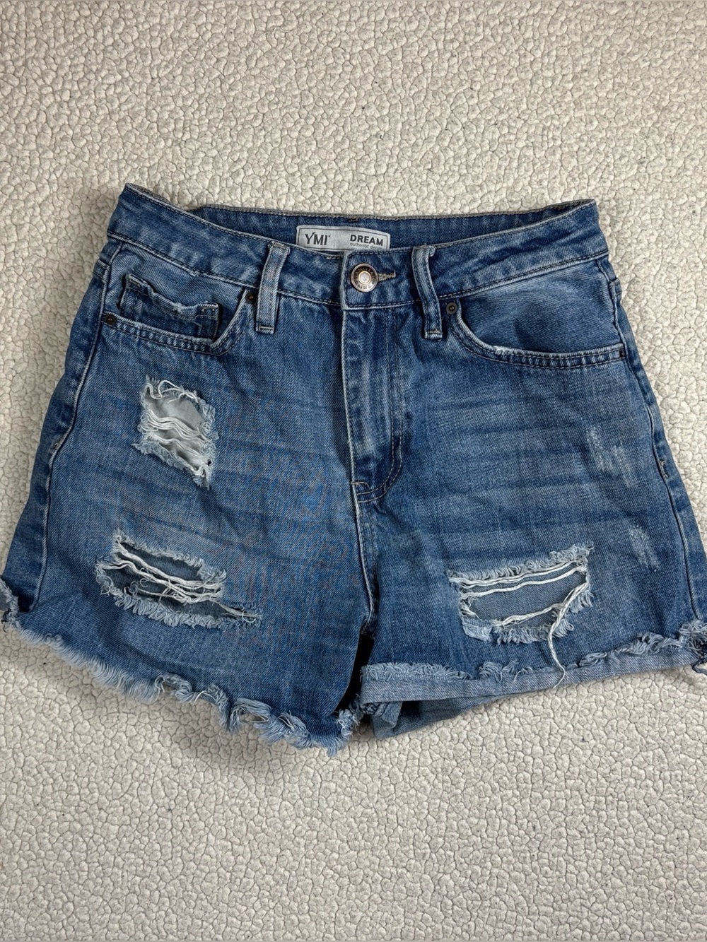 YMI Dream Women/Junior 3/26 Stretch Distressed Cuffed Light Wash Jean Shorts